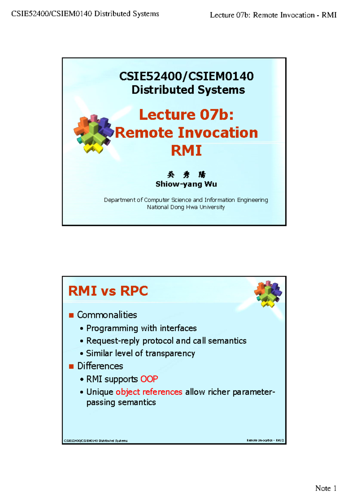 07b RMI - 07b RMI - CSIE52400/CSIEM Distributed Systems Lecture 07b ...