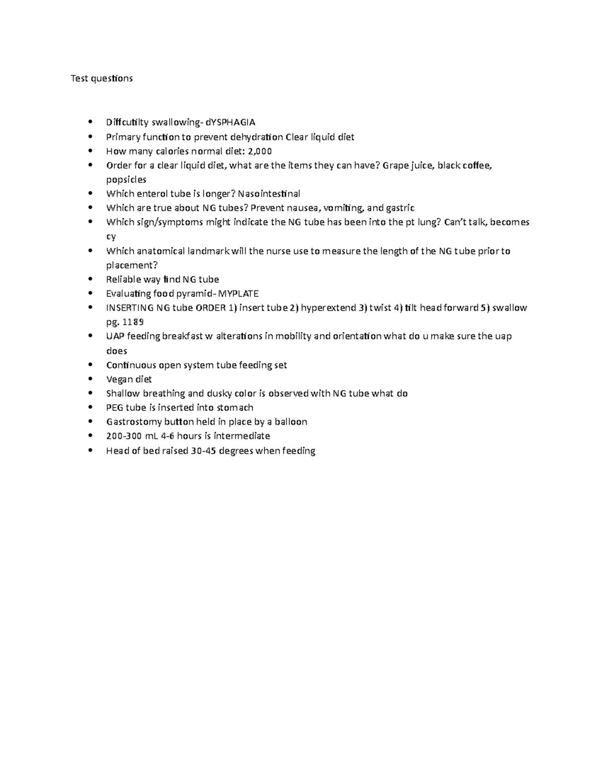 LAB notes - medsurg - Test questions Diffcutilty swallowing- dYSPHAGIA ...