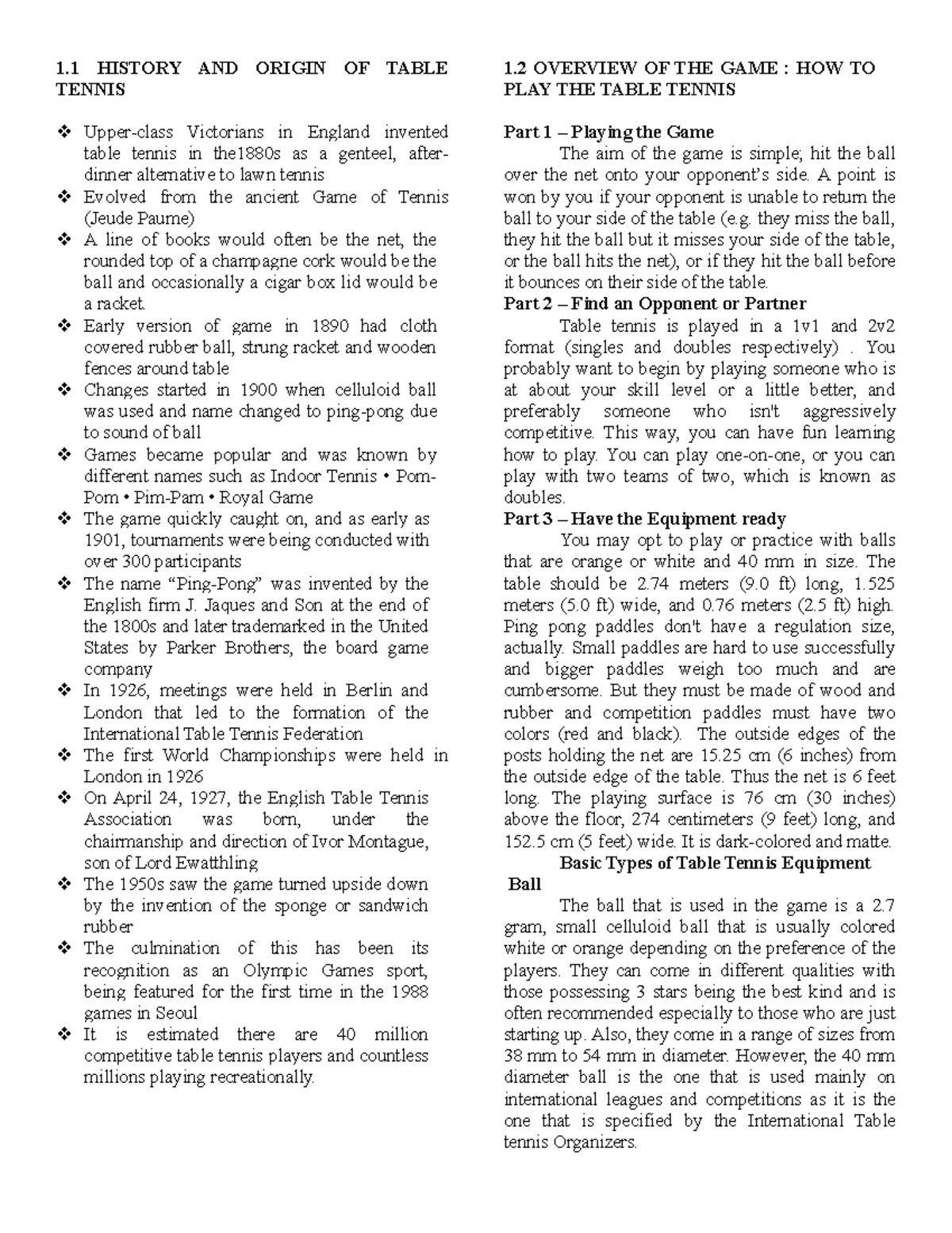 PATHFIT PE3 Table Tennis 1 HISTORY AND ORIGIN OF TABLE TENNIS Upper