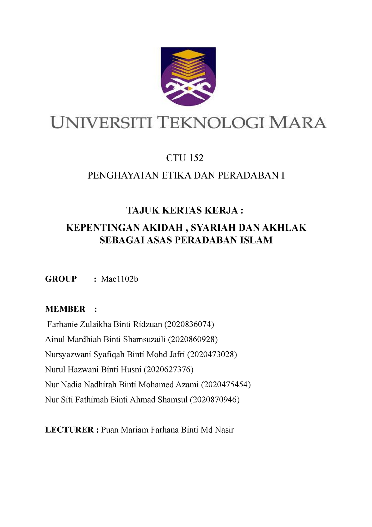 Assignment Ctu Akidah Values And Civilization Ctu152 Uitm Studocu