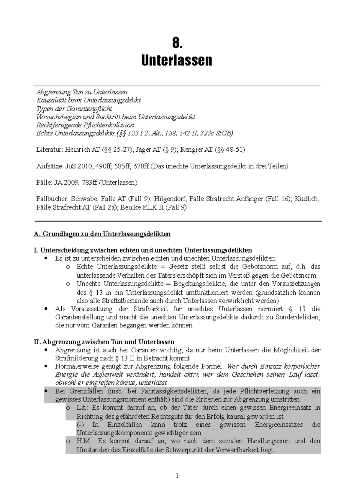 Fahrlässige Tötung Durch Unterlassen Schema Zusammenfassung Unterlassen (Prüfungsschema, Definitionen