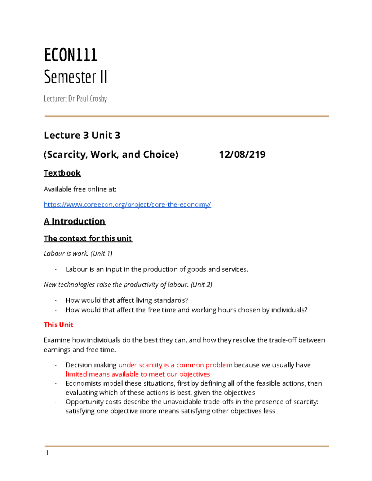 Week 3 - Week 3 Lecture - ECON111 Semester II Lecturer: Dr Paul Crosby ...