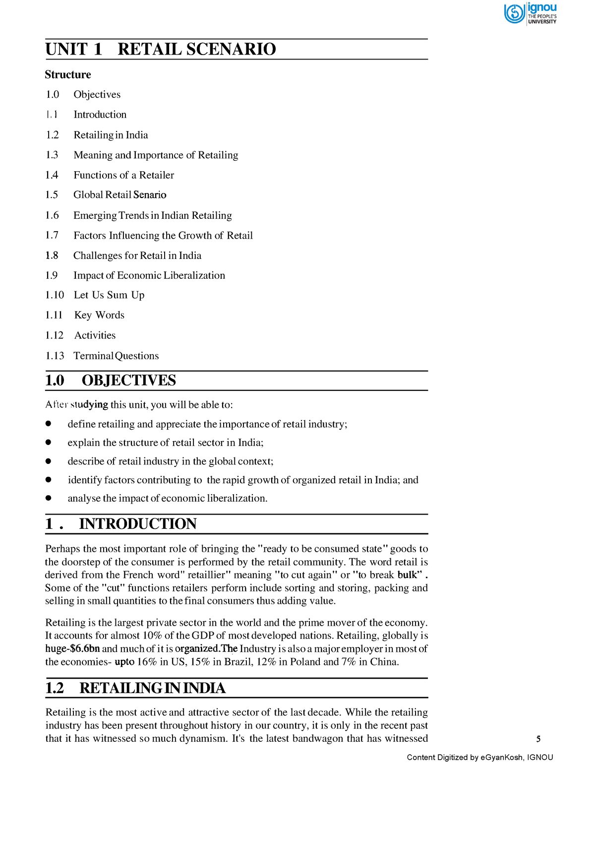 Unit-1-1 - UNIT 1 RETAIL SCENARIO ####### Structure 1 Objectives I. 1 ...