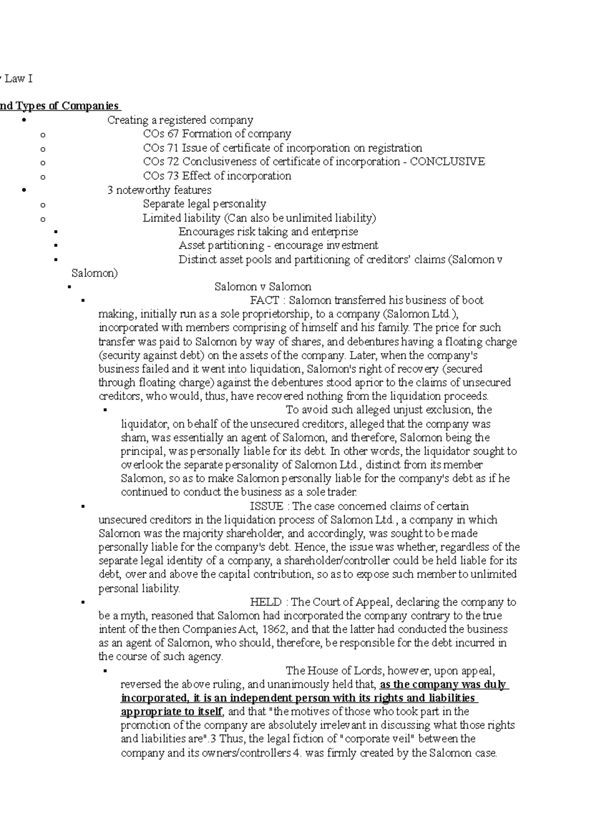 Company Law - Lecture Notes - pany Law I re and Types of Companies ...