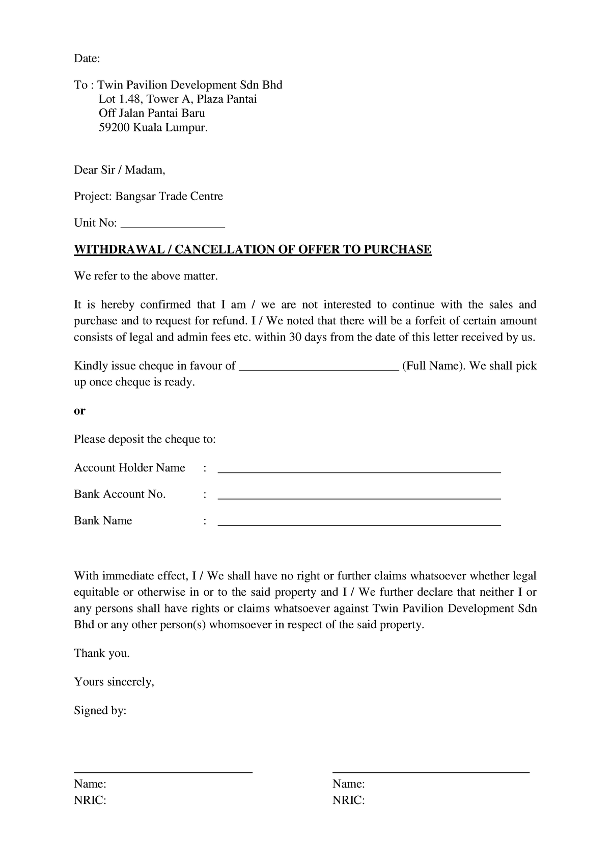 Withdrawal cancellation letter Template-updated 8 - Date: To : Twin ...