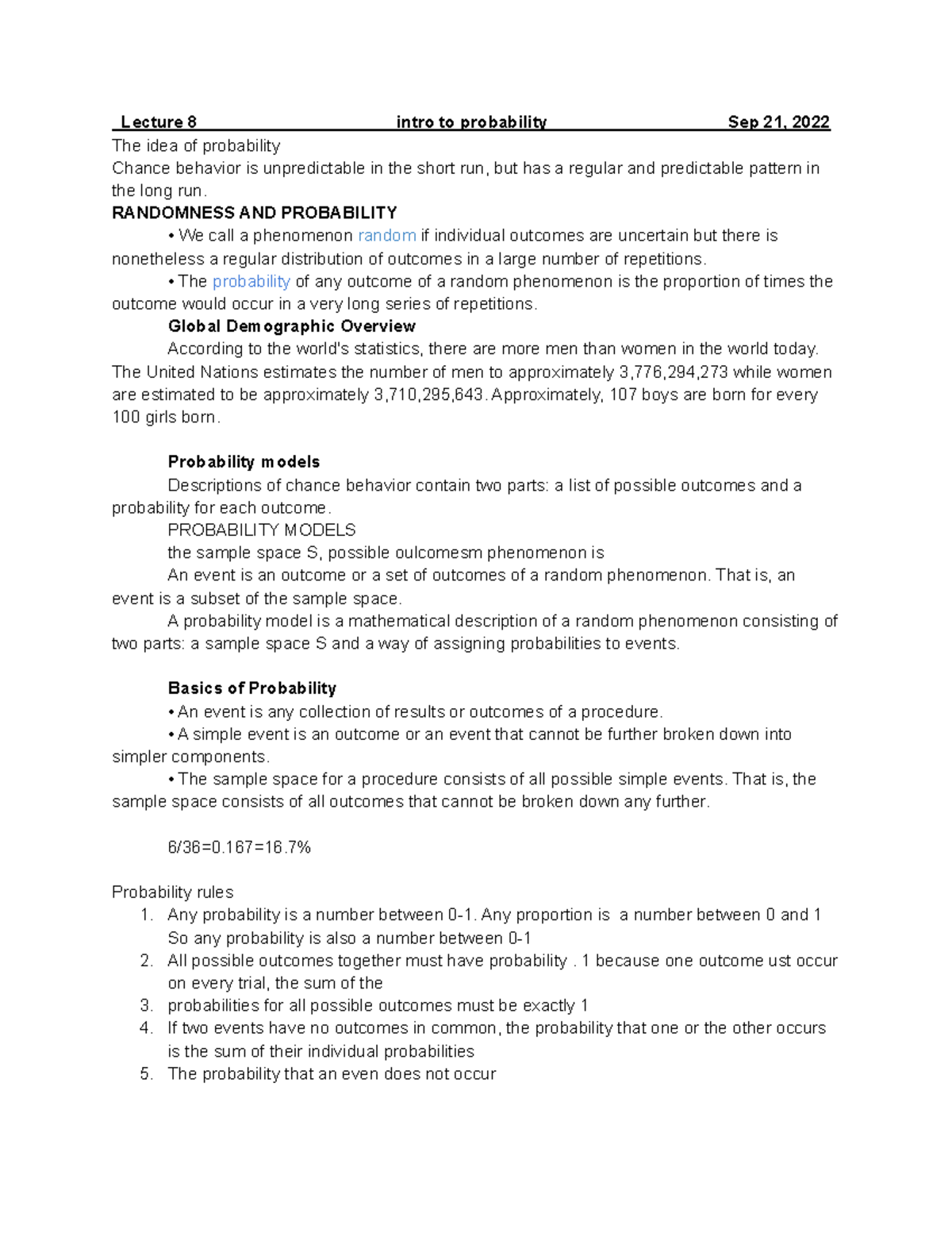 Statistics - Lecture Notes - Lecture 8 Intro To Probability Sep 21 ...