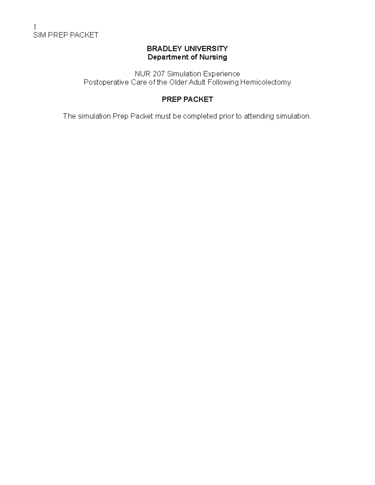 Simulation Prep Packet for Postoperative Care of Older Adult Following ...