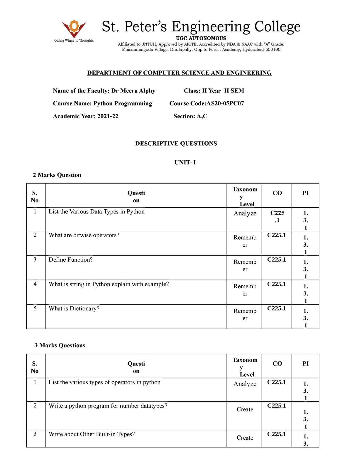 Python Prograaming Descriptive Question BANK FOR 5 Units-1 - DEPARTMENT ...