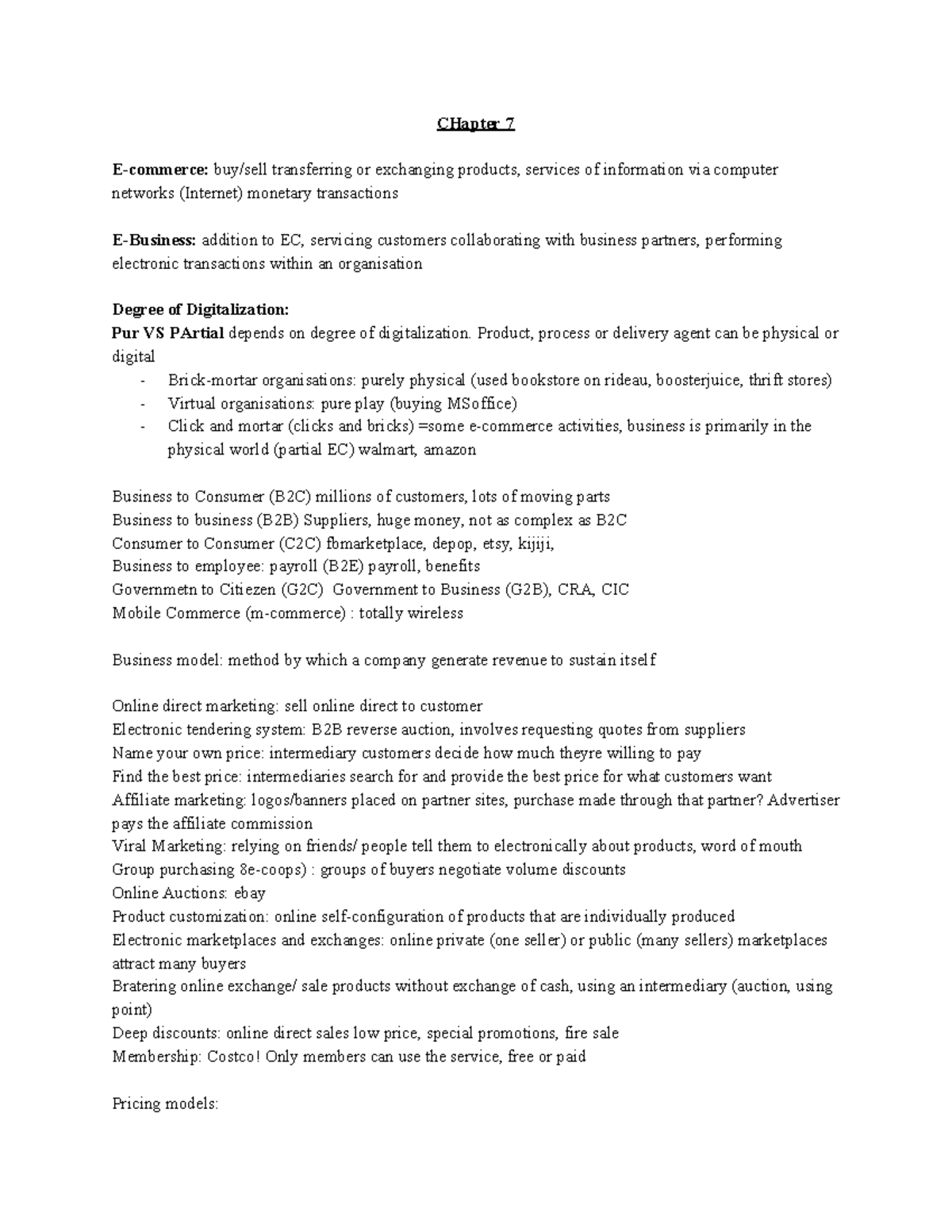 Chapter 7 MIS2372 in class notes - CHapter 7 E-commerce: buy/sell ...