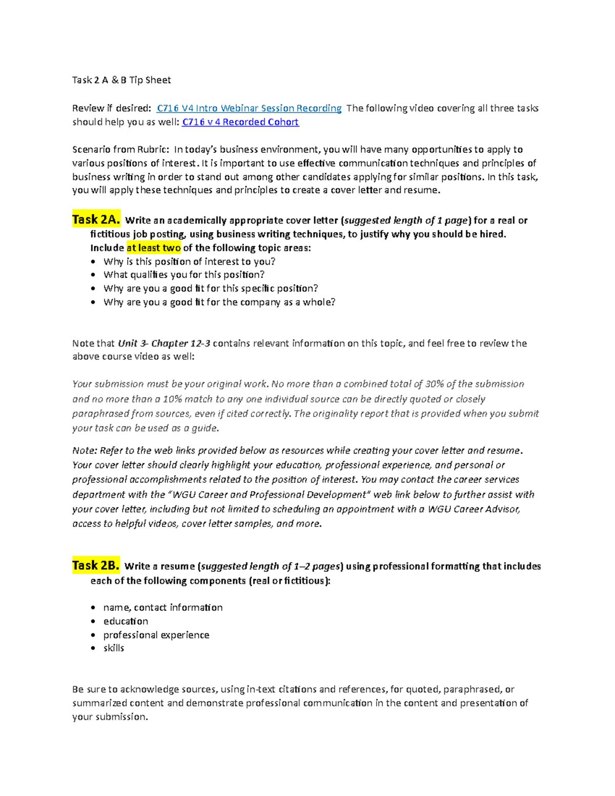 Task 2 tip sheet c716 - Task 2 A & B Tip Sheet Review if desired: C716 ...