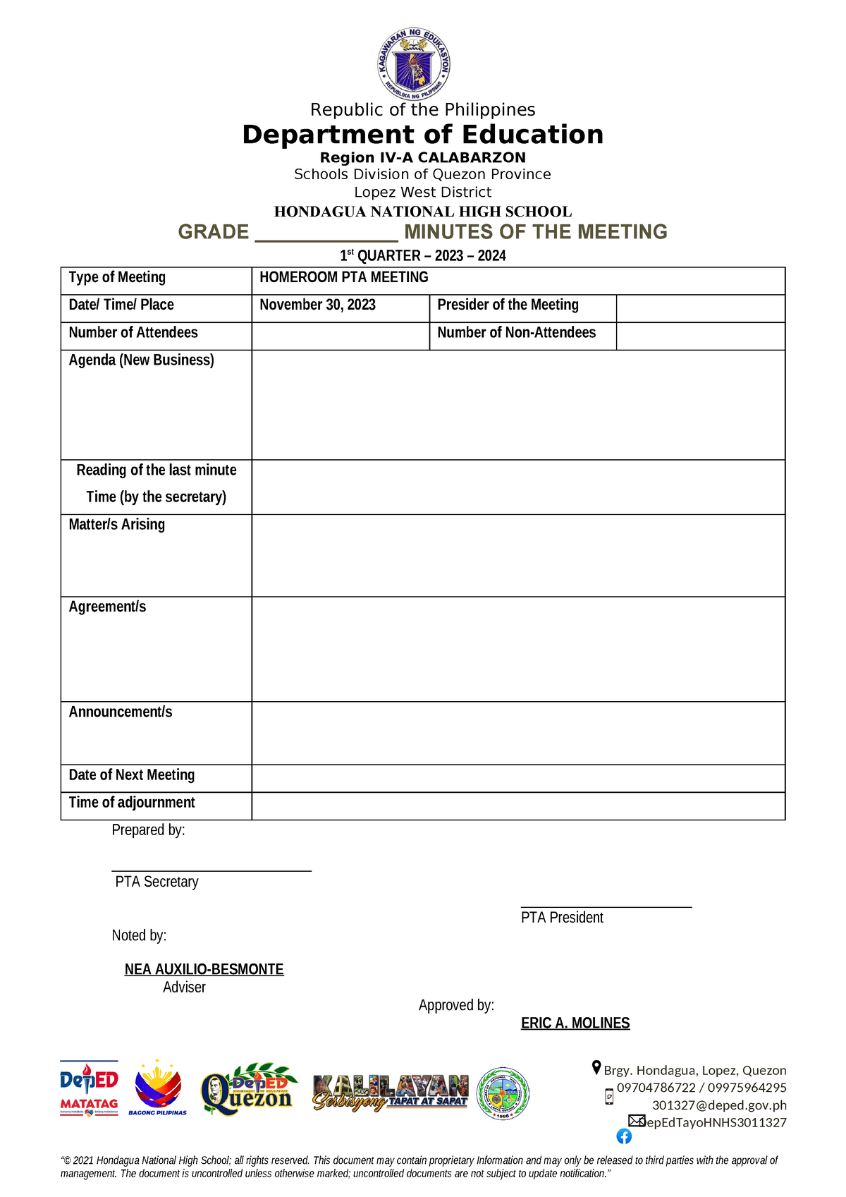 Minutes OF Meeting Matatag Template - Brgy. Hondagua, Lopez, Quezon ...