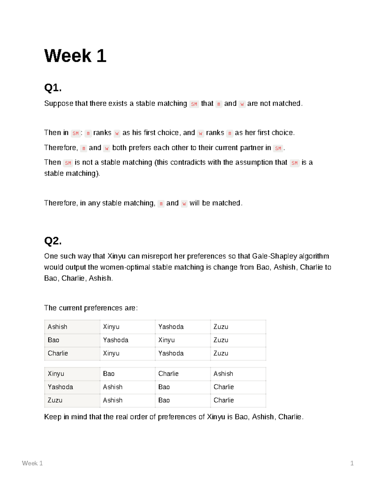 Problem Set 1 Cs3230 Week 1 1 Week 1 Q1 Suppose That There Exists A Stable Matching Sm That Problem Set 1 Cs3230 Week 1 1 Week 1 Q1 Suppose That There Exists A Stable Matching Sm That
