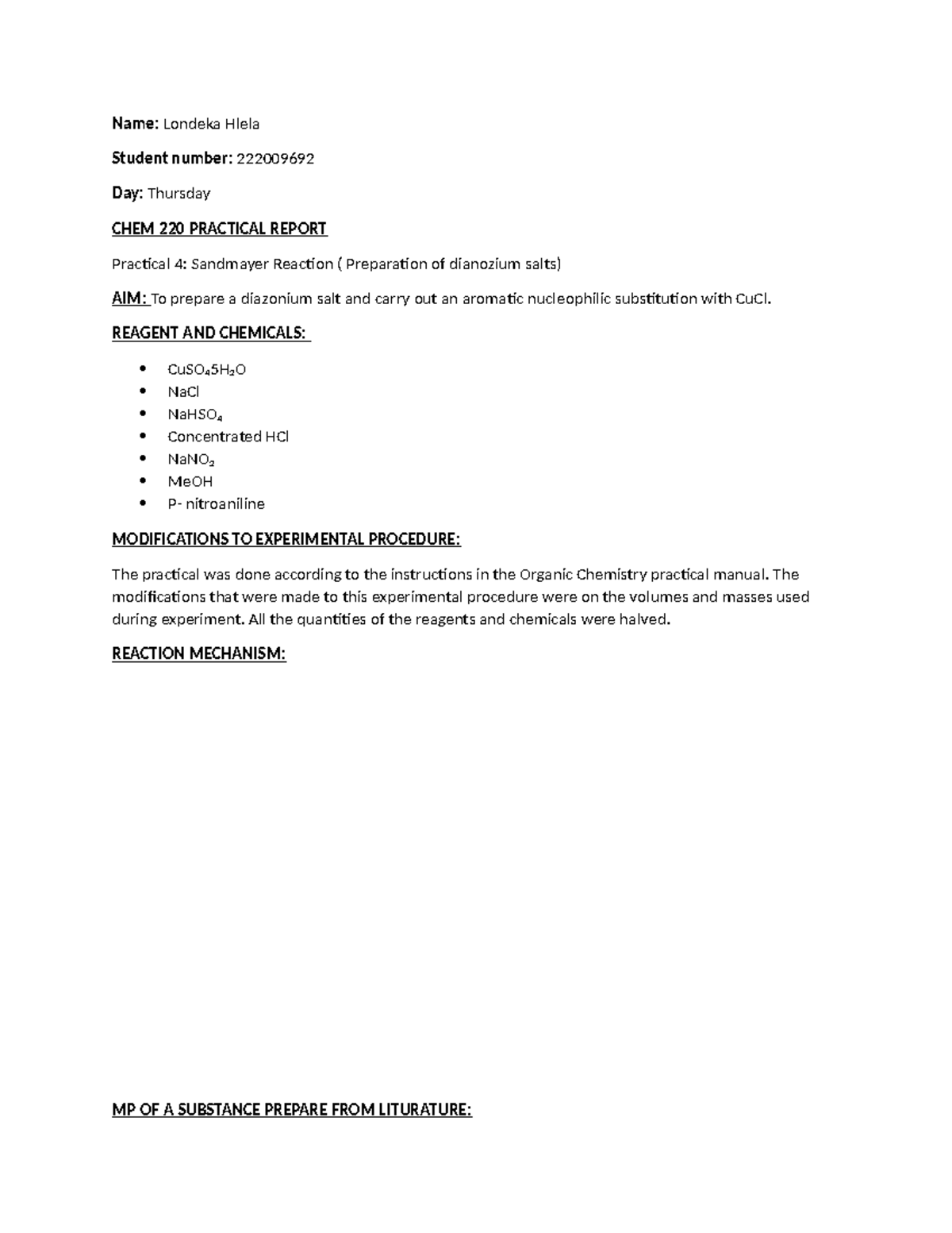 Chem 220 prac 4 - it is good for practise and to know the format of the ...