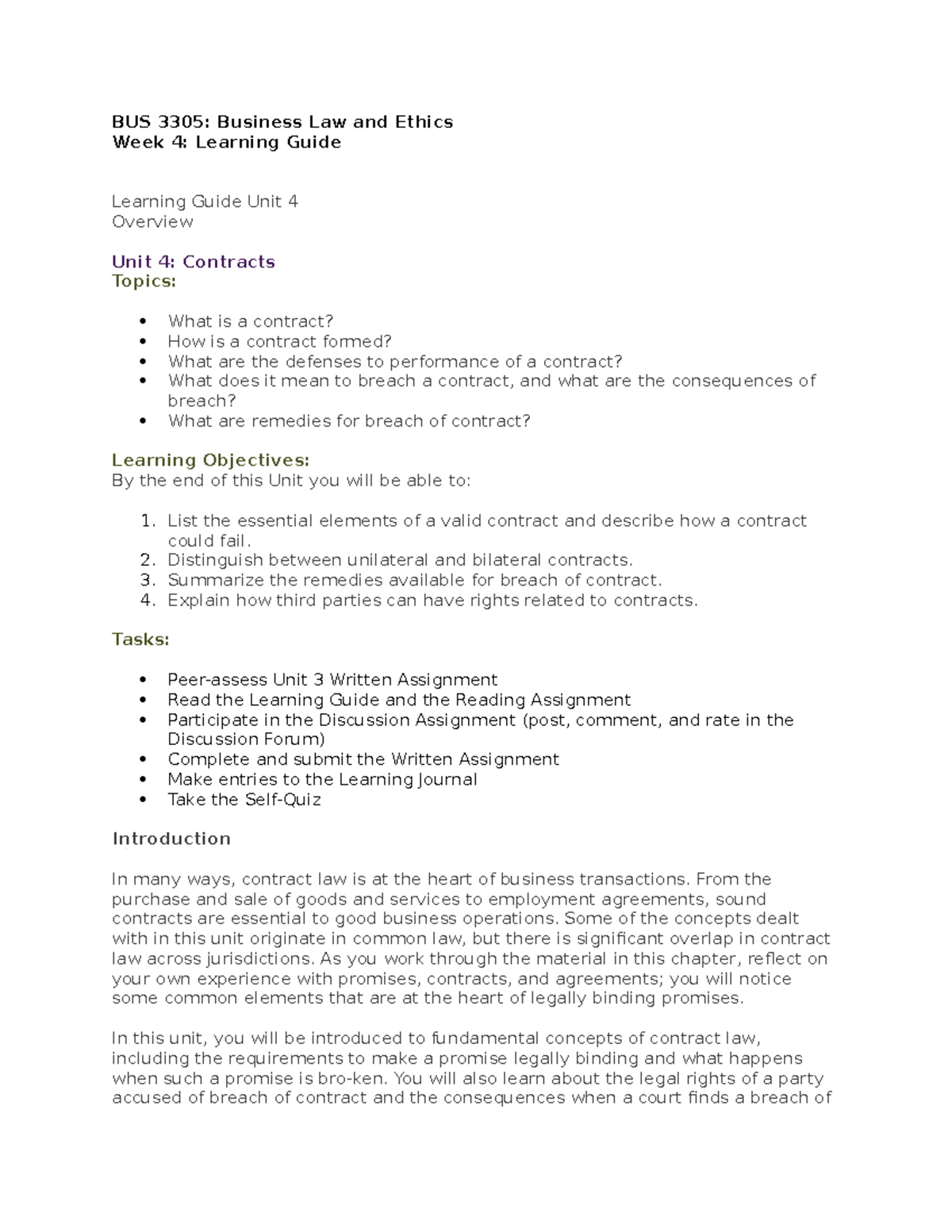 BUS 3305 - Week 4 Learning Guide - BUS 3305: Business Law and Ethics ...