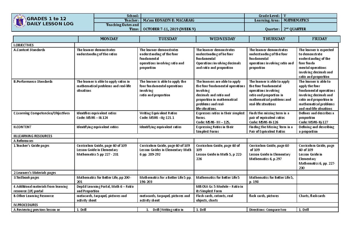 DLL Mathematics 5 Q2 W9 - math - GRADES 1 to 12 DAILY LESSON LOG School ...