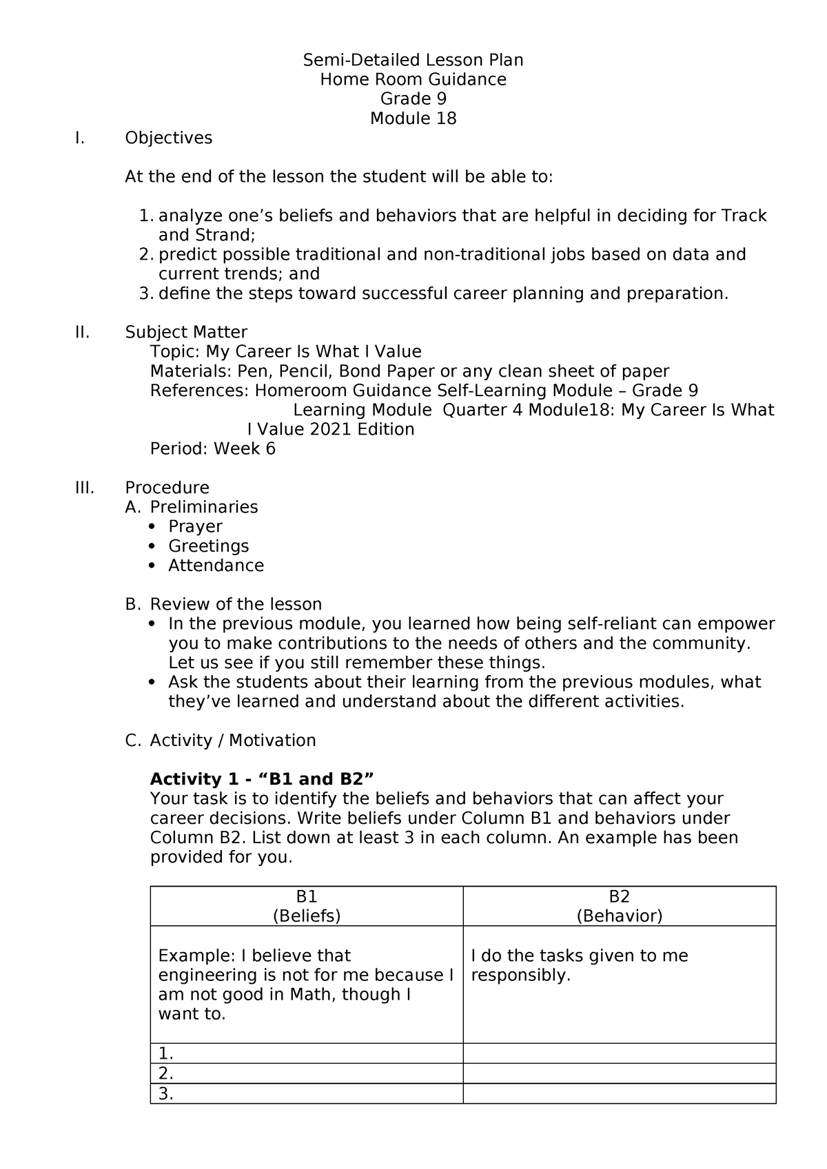 Q4 Module 18 Homeroom Guidance G9 Semi Detailed Lesson Plan Home Room Guidance Grade 9 Module 5509