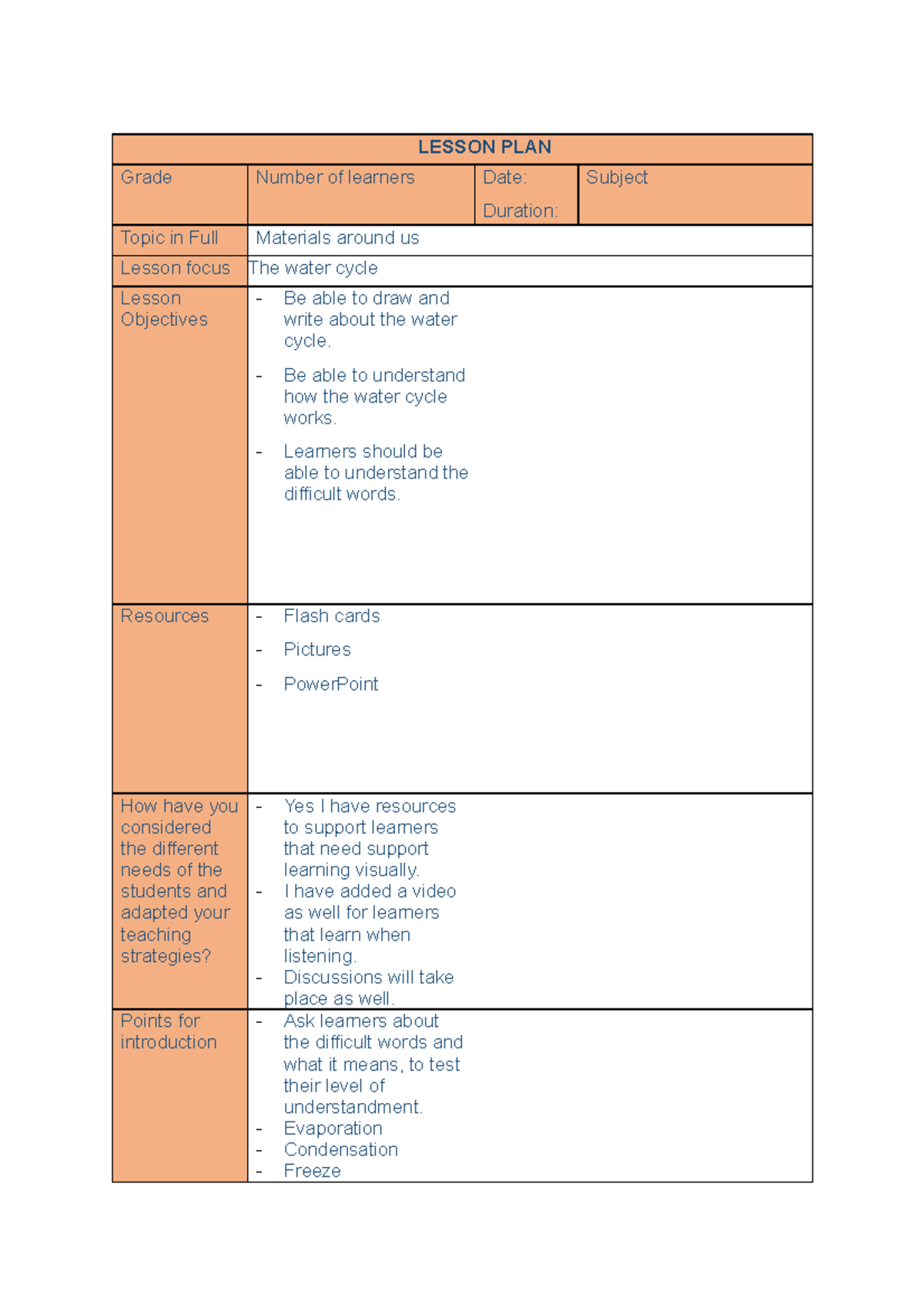 Nst water cycle - LESSON PLAN Grade Number of learners Date: Duration ...