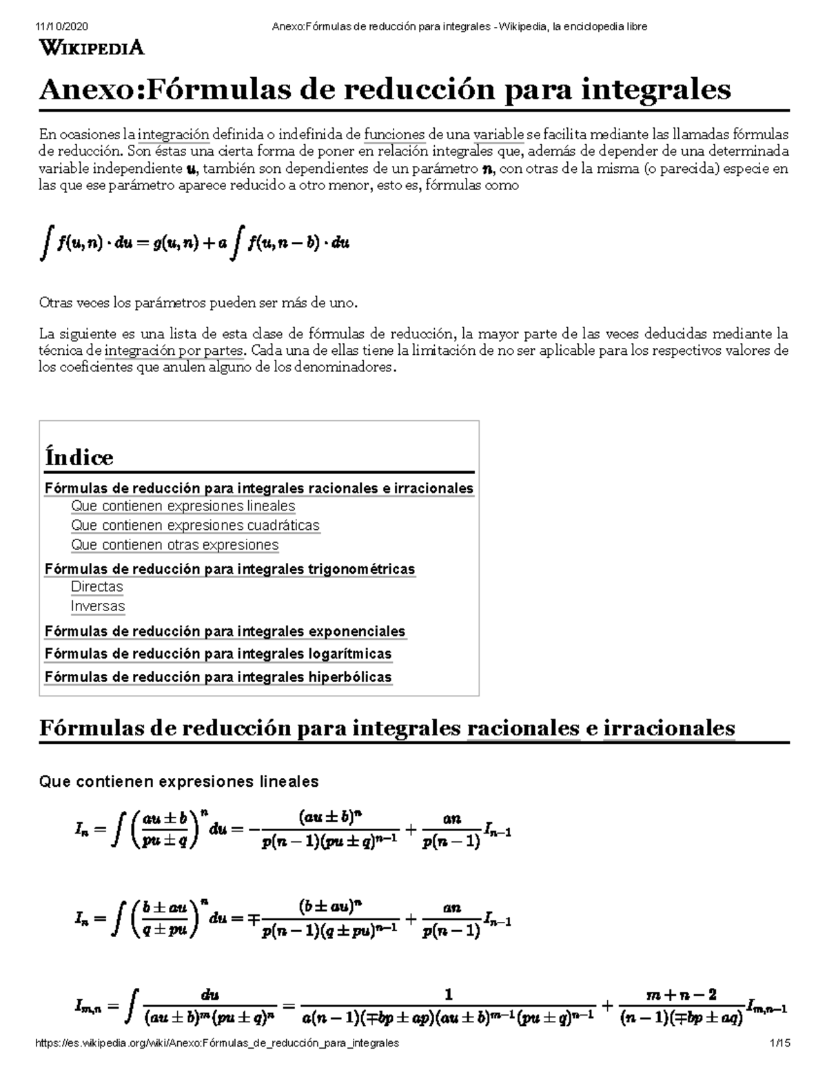 Anexo Fórmulas de reducción para integrales - Wikipedia, la ...