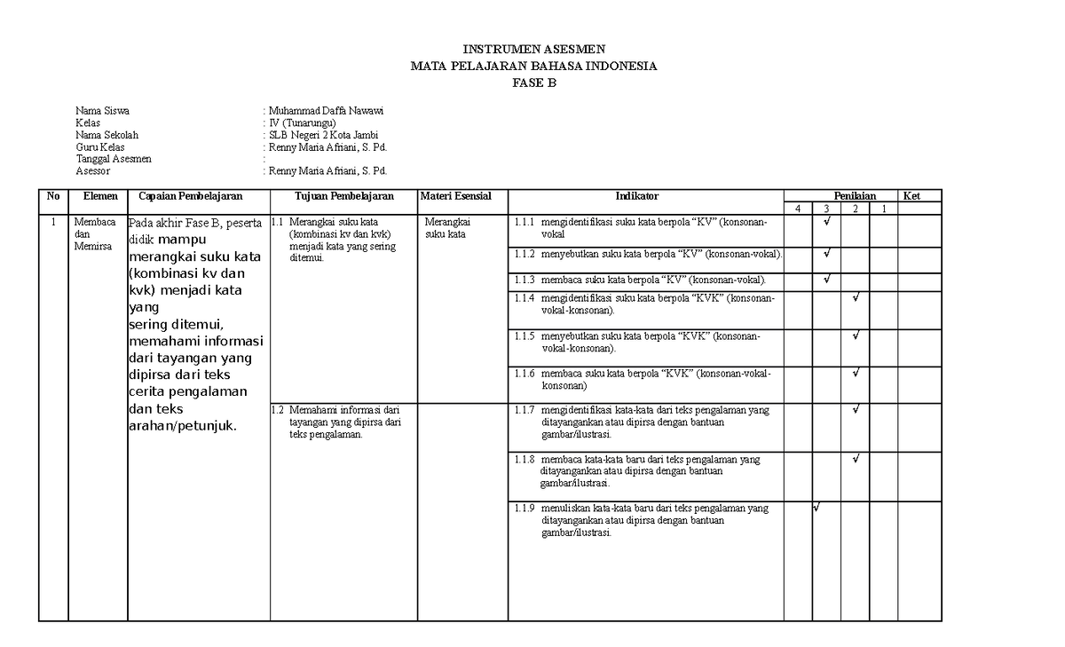 AKSI 1 Asesmen Bahasa Indonesia FASE B - INSTRUMEN ASESMEN MATA ...