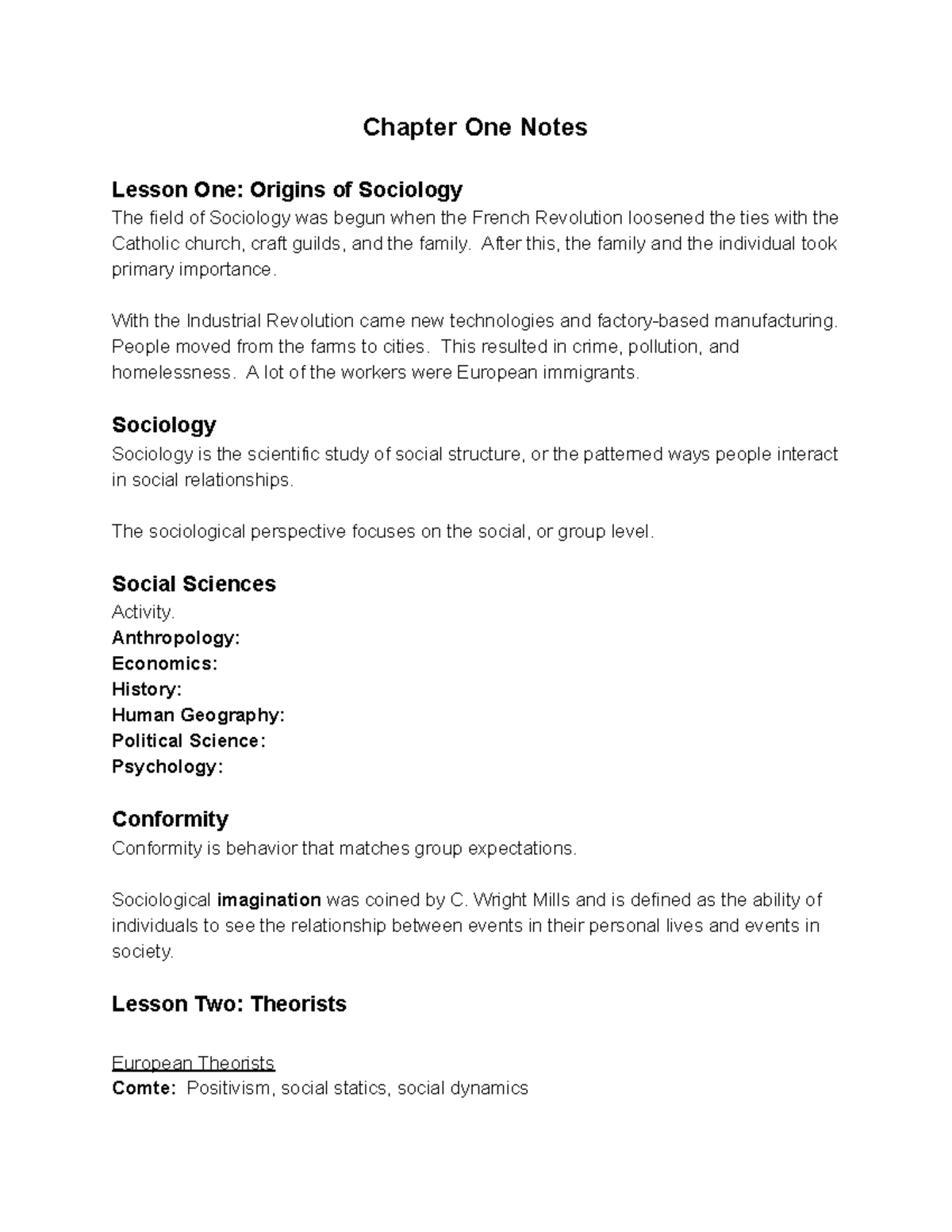 Sociology Ch One Notes Chapter One Notes Lesson One Origins Of