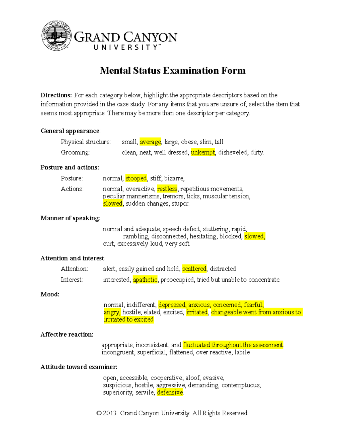 Mental Status Examination Form - Mental Status Examination Form ...