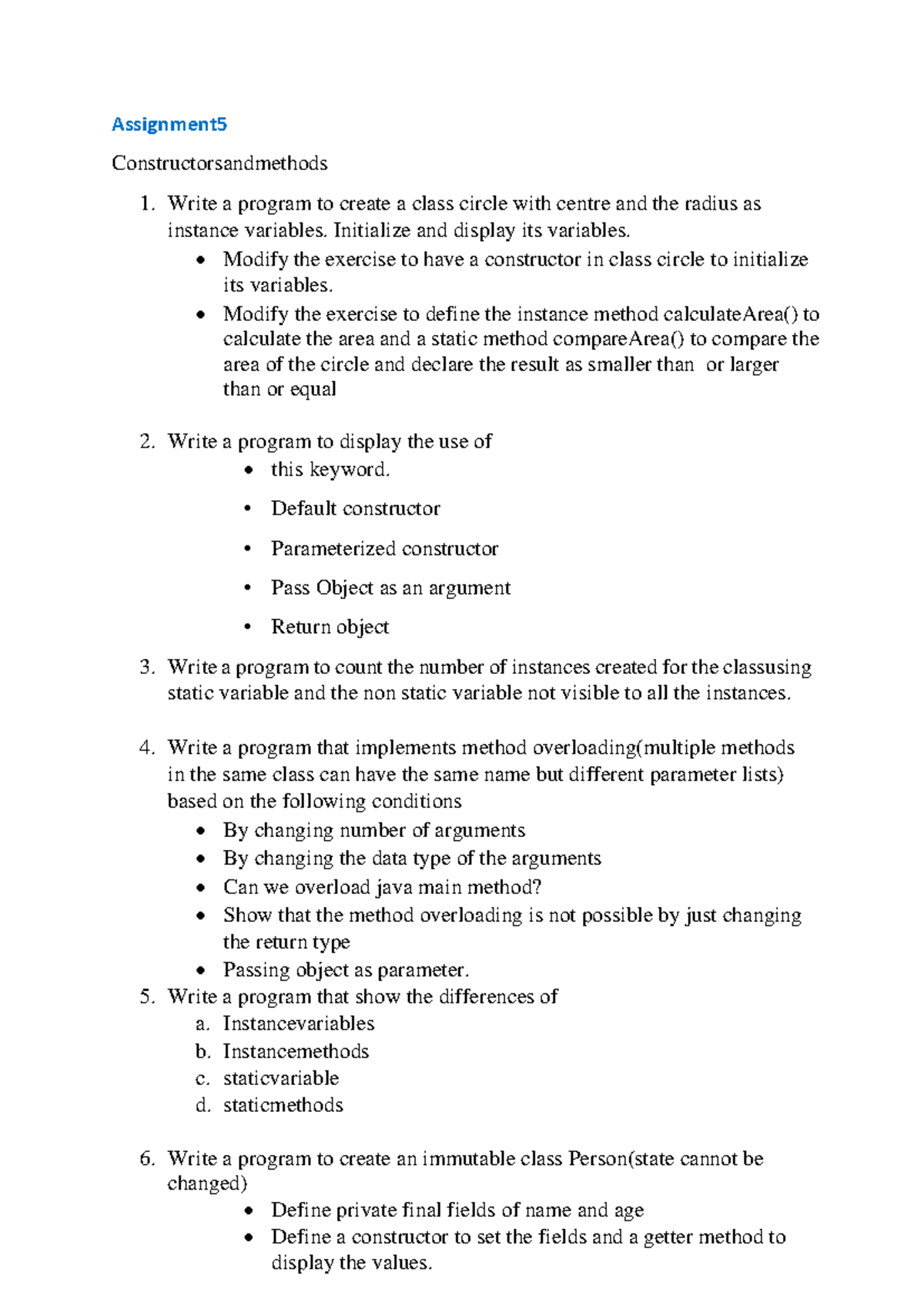 Assignment 5 - nothing - Assignment Constructorsandmethods 1. Write a ...