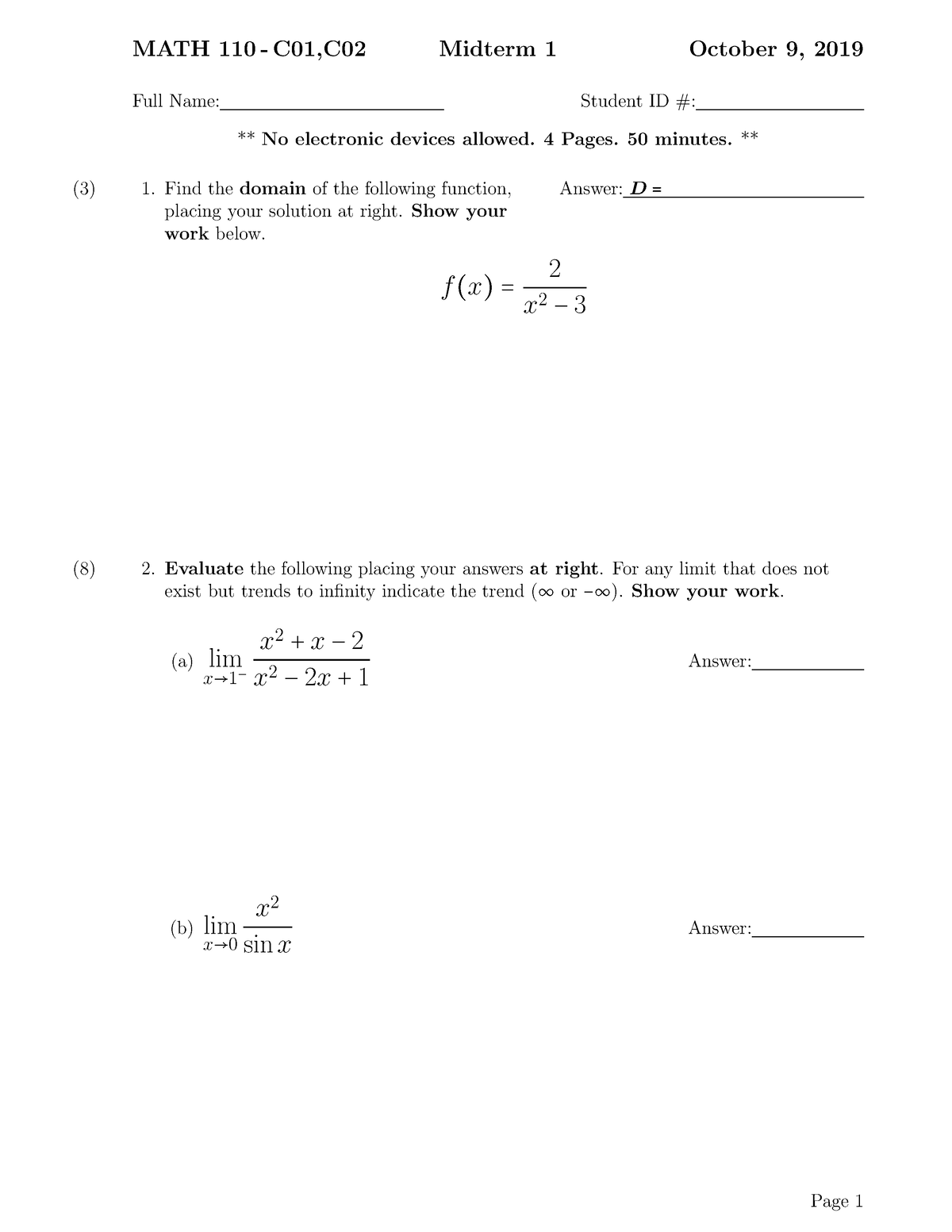 Math 110- Practice problem midterm 1 - MATH 110 - C01,C02 Midterm 1 ...