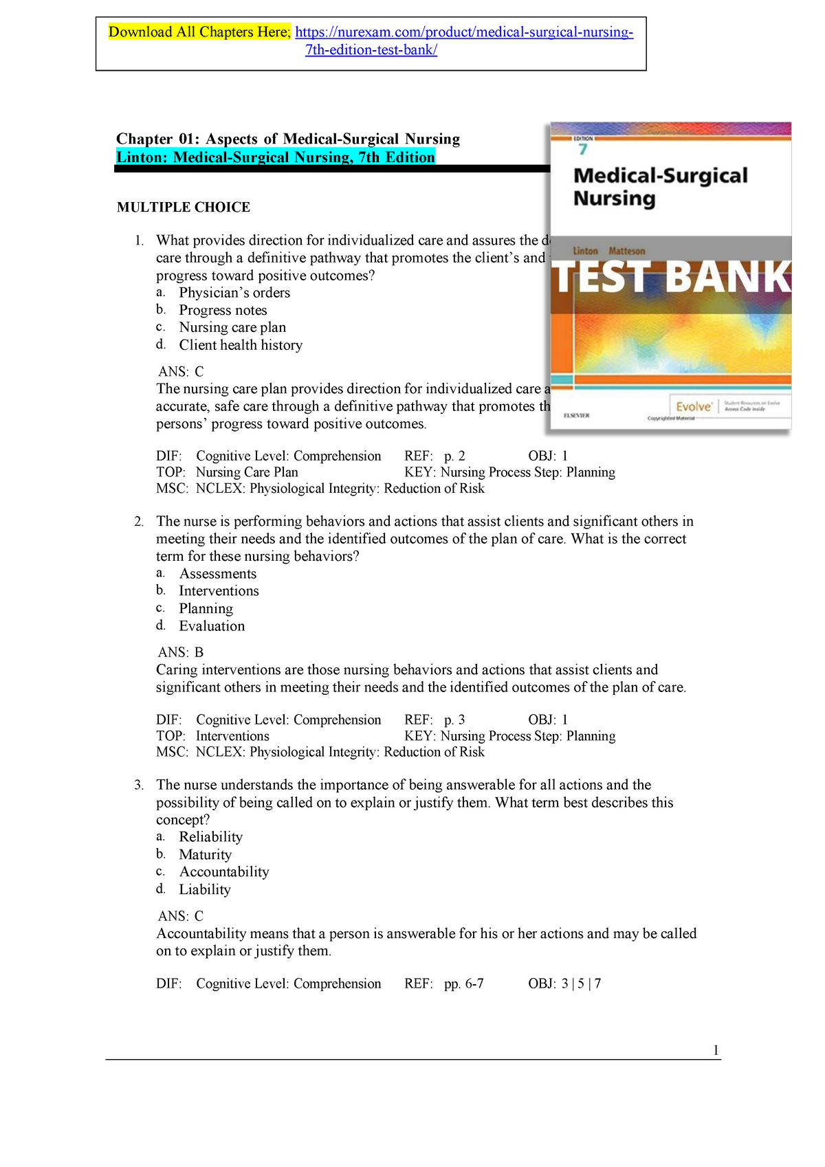 Test Bank For Medical Surgical Nursing 7th Edition - 1 DIF: Cognitive ...