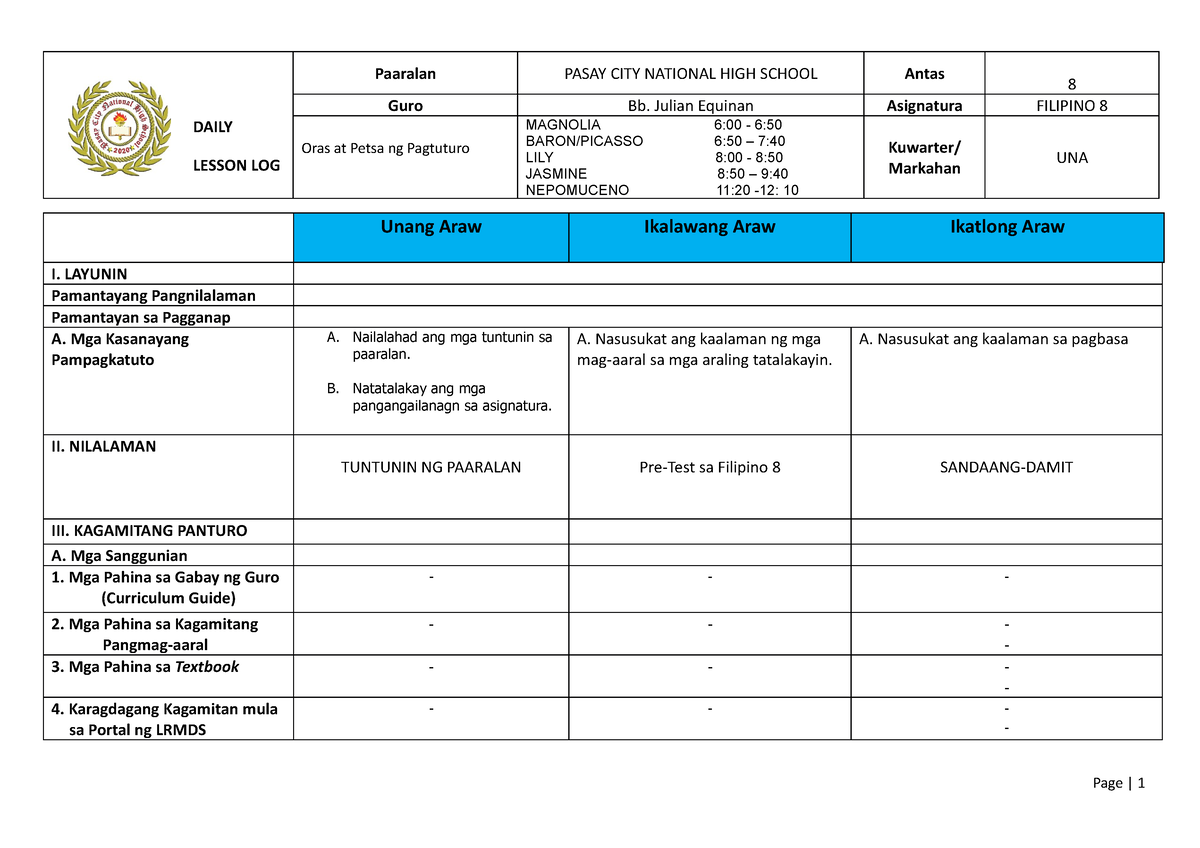 Dll Week 1 Lesson Plan Paaralan Pasay City National High School Antas 8 Guro Bb Julian 1249