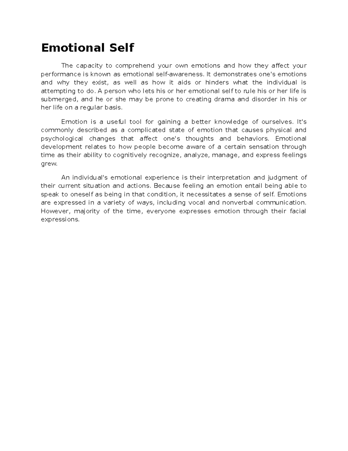 Emotinal SELF Definition of Emotional Self Emotional Self The