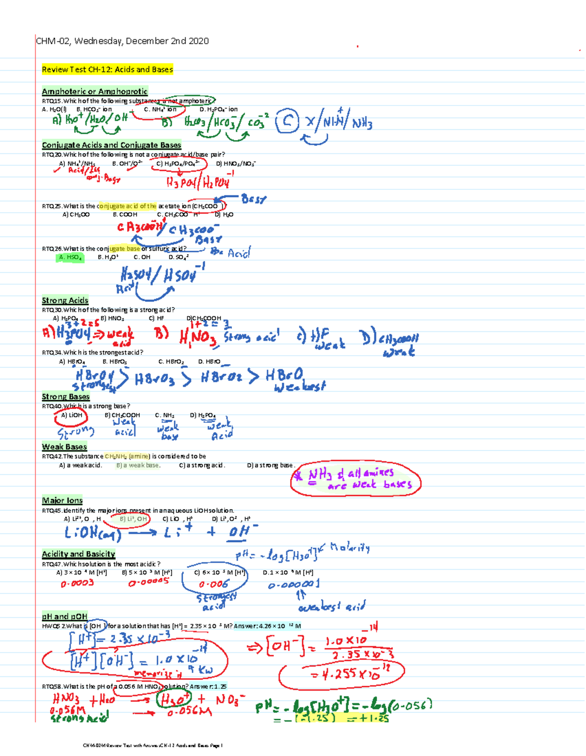 CHM-02M Review Test with Answers CH-12 Acids and Bases - Review Test CH ...