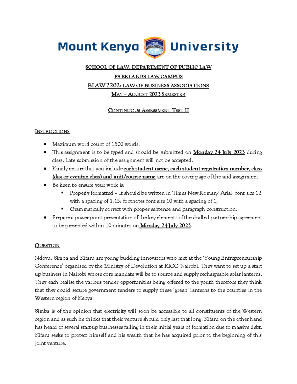MKU Law of Business Associations CAT II May 2023 SCHOOL OF LAW