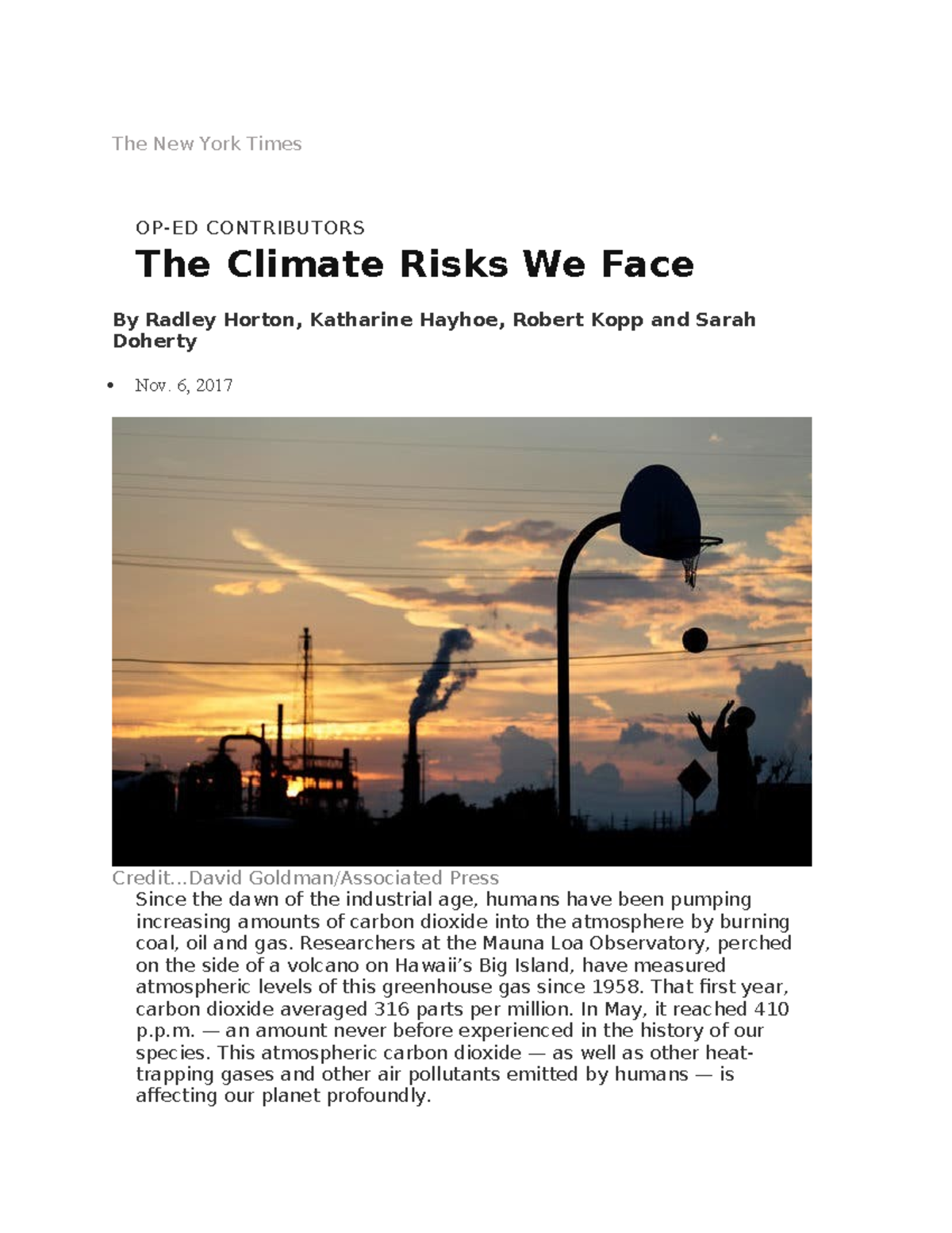 The Climate Risks We Face - The New York Times OP-ED CONTRIBUTORS The ...