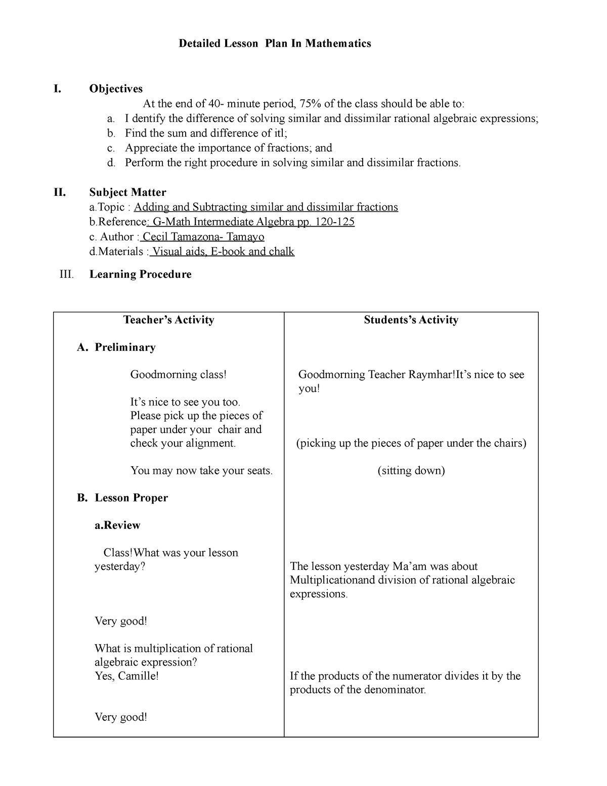 Detailed Lesson Plan In Mathematics - Objectives At the end of 40 ...