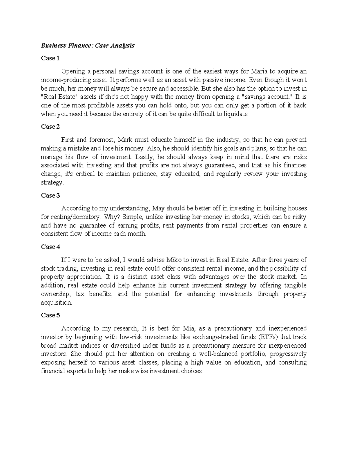 Vergara (BF-Case Analysis & IE) - Business Finance: Case Analysis Case ...