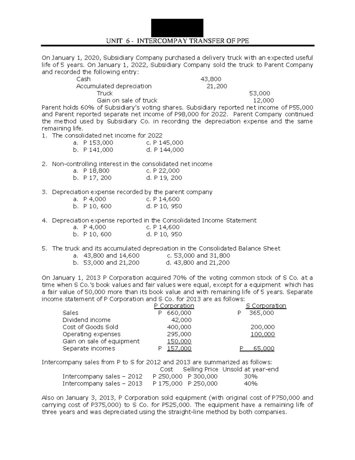 Intercompany Transfer of PPE - UNIT 6 - INTERCOMPAY TRANSFER OF PPE On ...