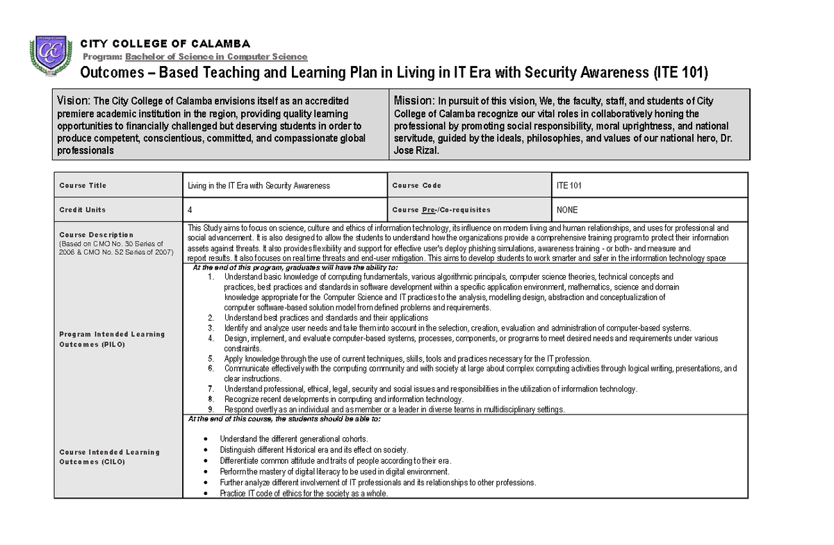 Ite with sa obtlp outcomes based teaching and learning plan in