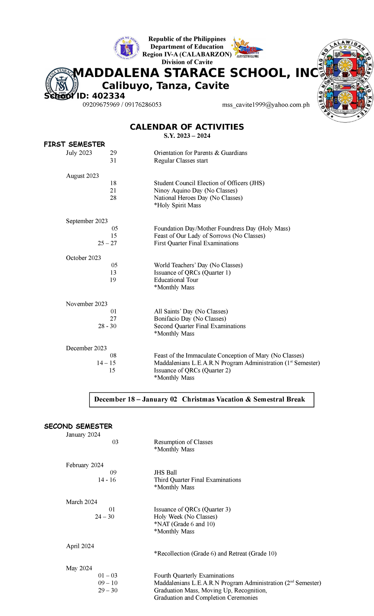 Calendar of Activities SY. 23-24 - Republic of the Philippines ...