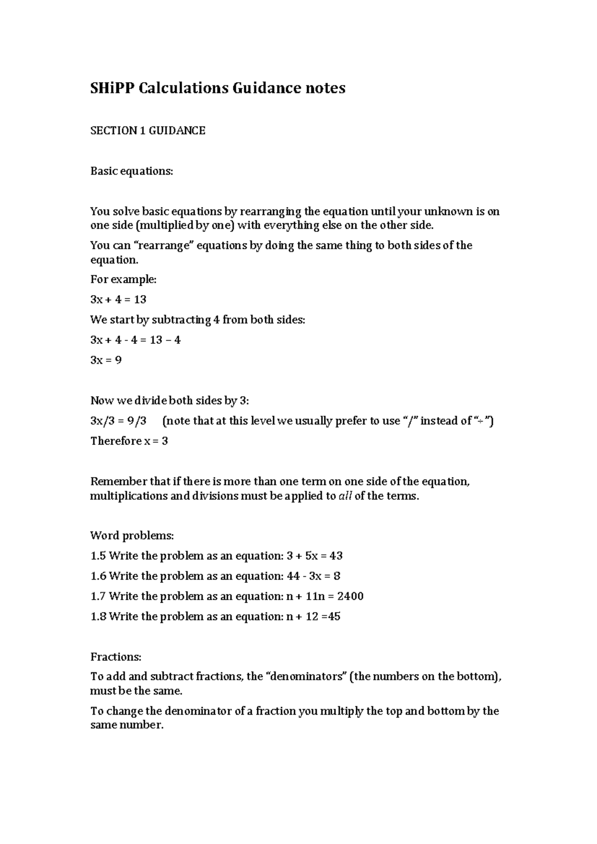 SHi PP Calculations guidance notes - SHiPP Calculations Guidance notes ...