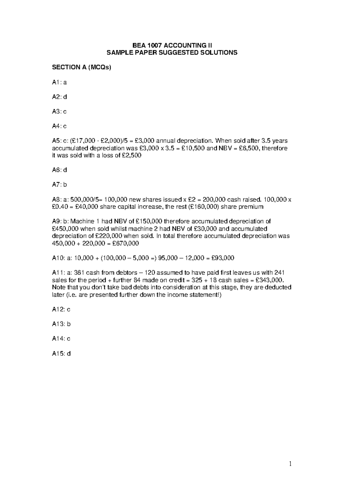 BEA1007 sample paper solutions - BEA 1007 ACCOUNTING II SAMPLE PAPER ...