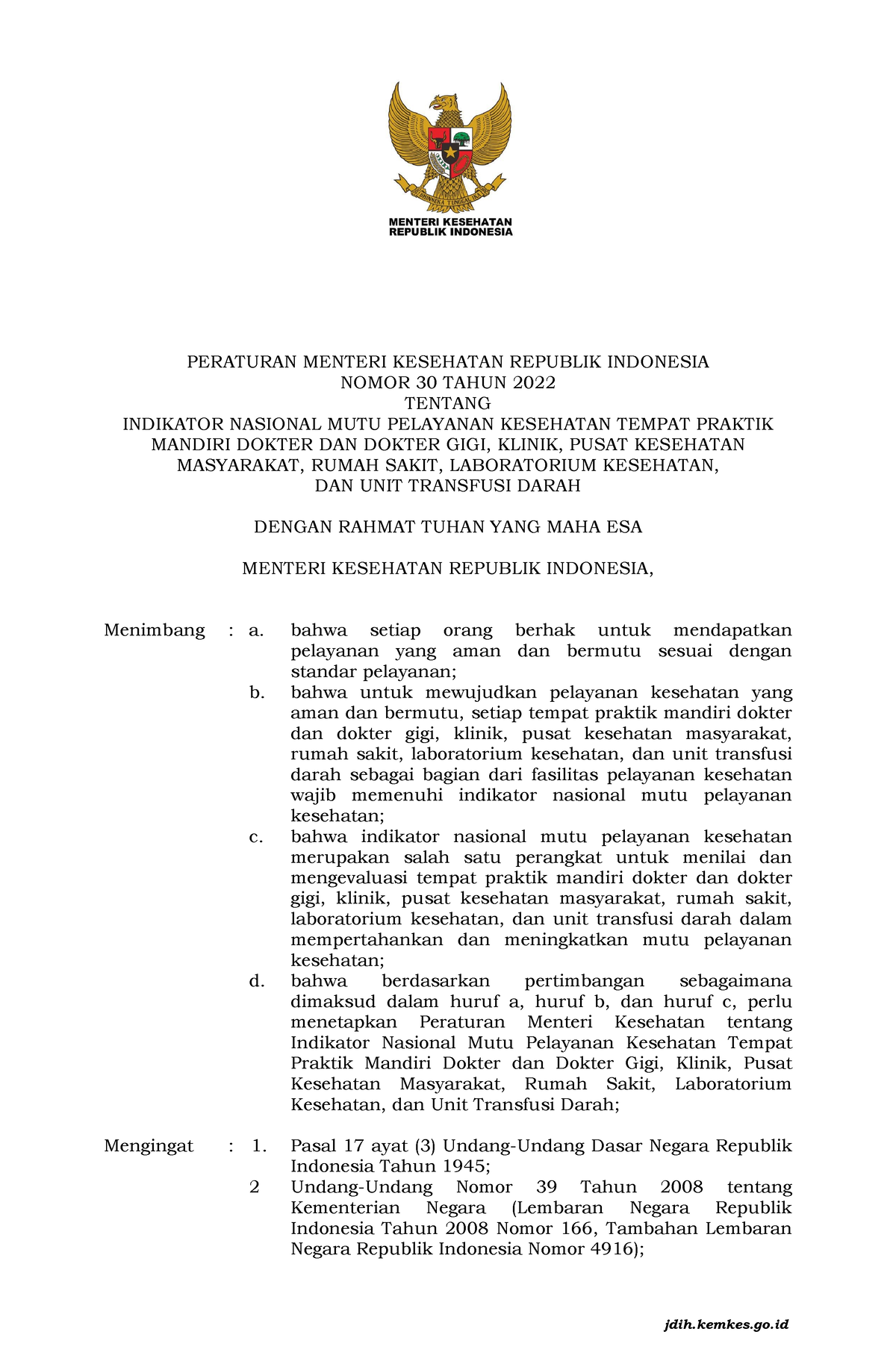 Permenkes NO 30 TH 2022 TTG Indikator MUTU - PERATURAN MENTERI ...