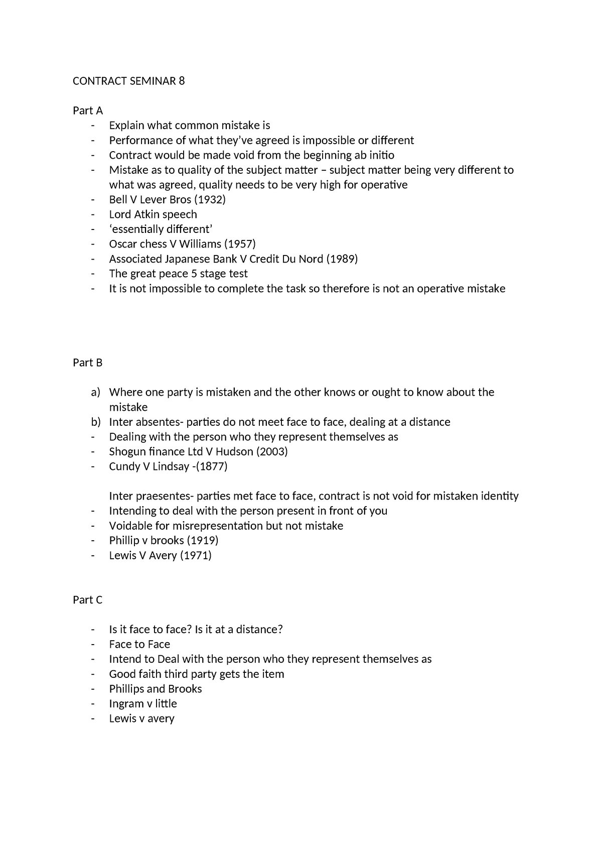 Contract Seminar 8 - CONTRACT SEMINAR 8 Part A - Explain What Common ...