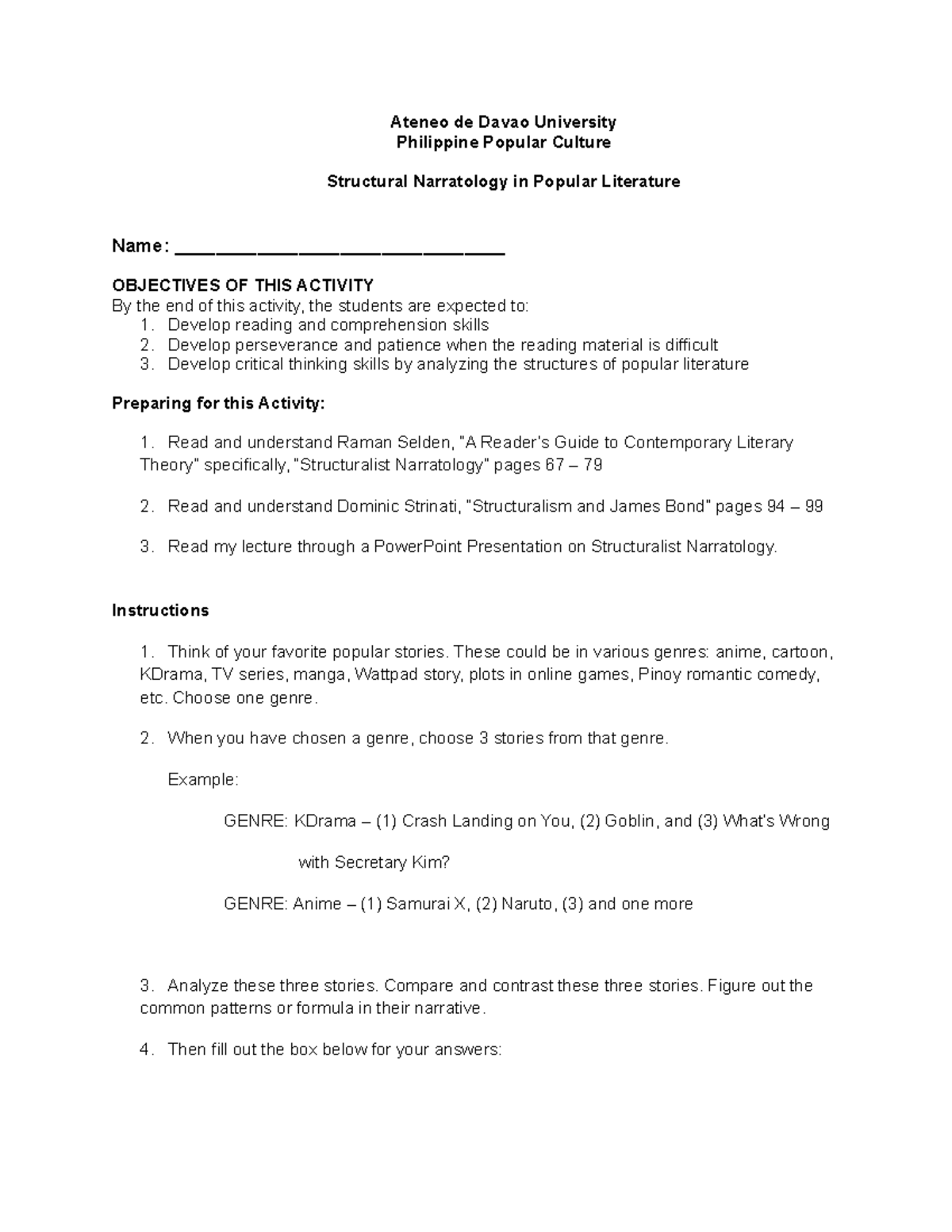 Family Name Class Schedule Worksheet Structural Narratology Maintain an ...