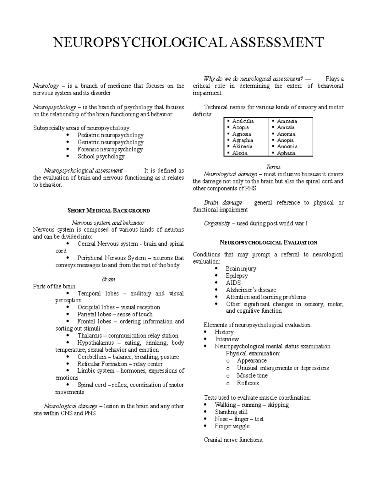 Handout – Neuropsychological Assessment - NEUROPSYCHOLOGICAL ASSESSMENT ...