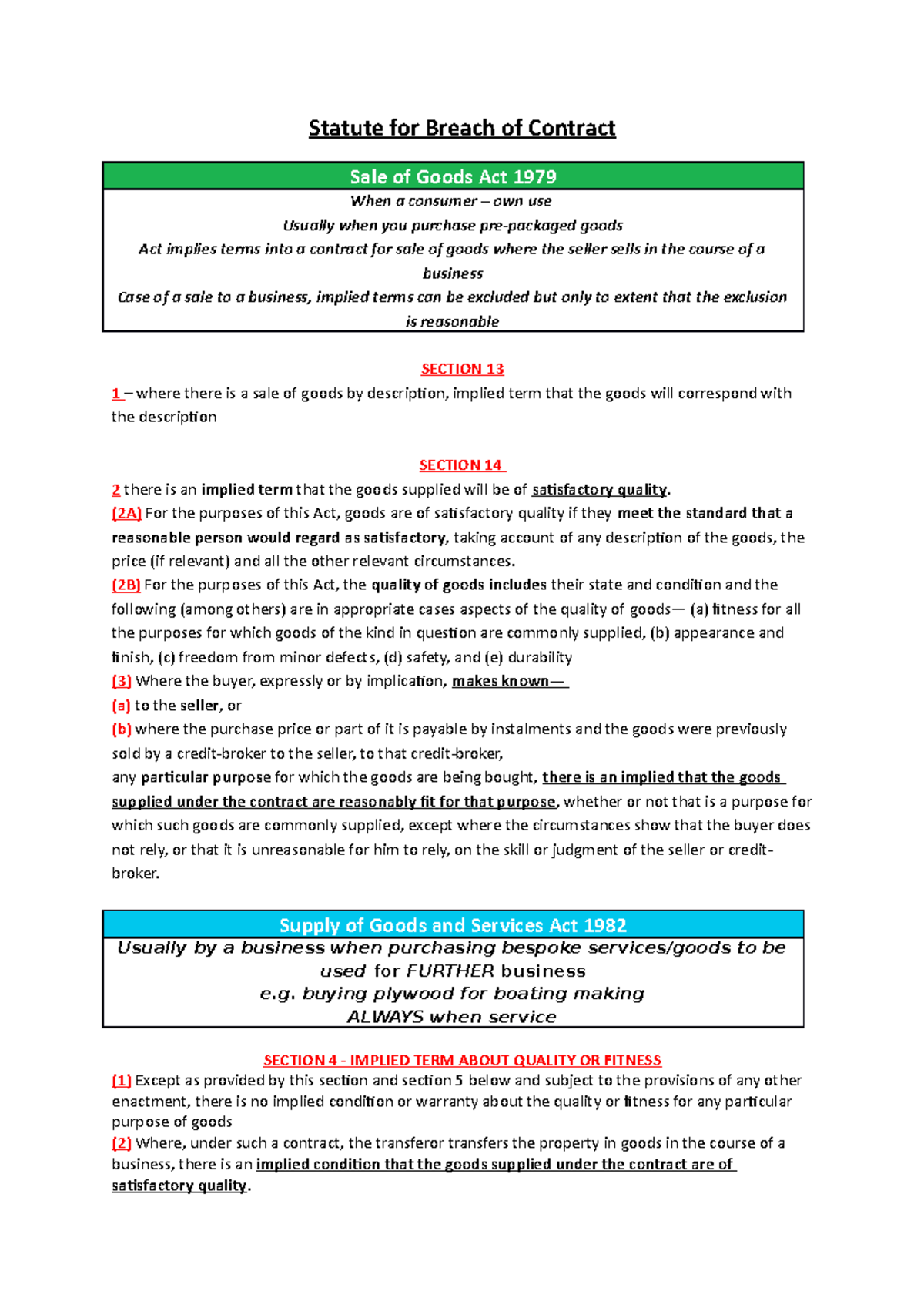 Statute for Breach of Contract dr w1 part 6 Statute for Breach of