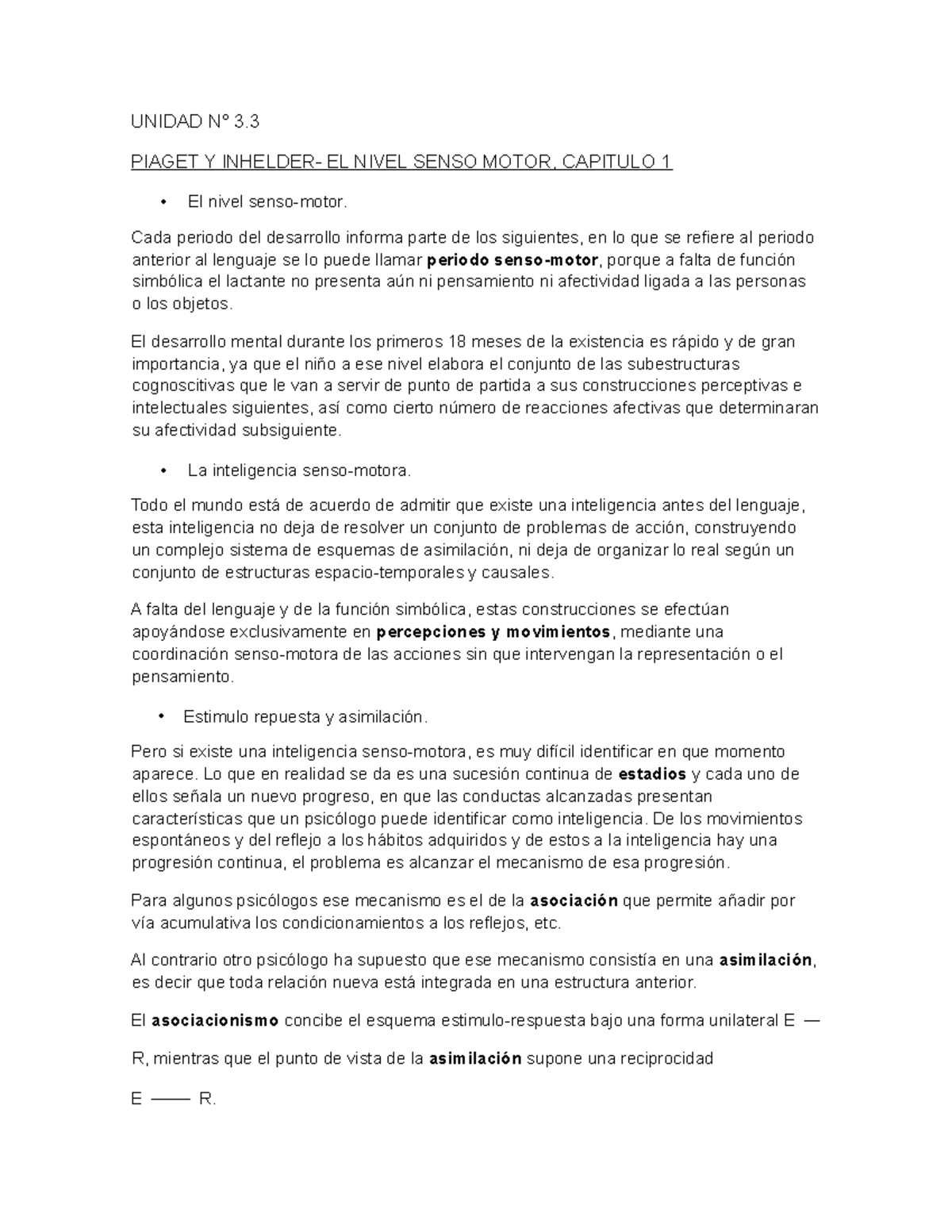 Psicologia Parte 4 Unidad N° 3 Piaget Y Inhelder El Nivel Senso Motor Capitulo 1 El Nivel