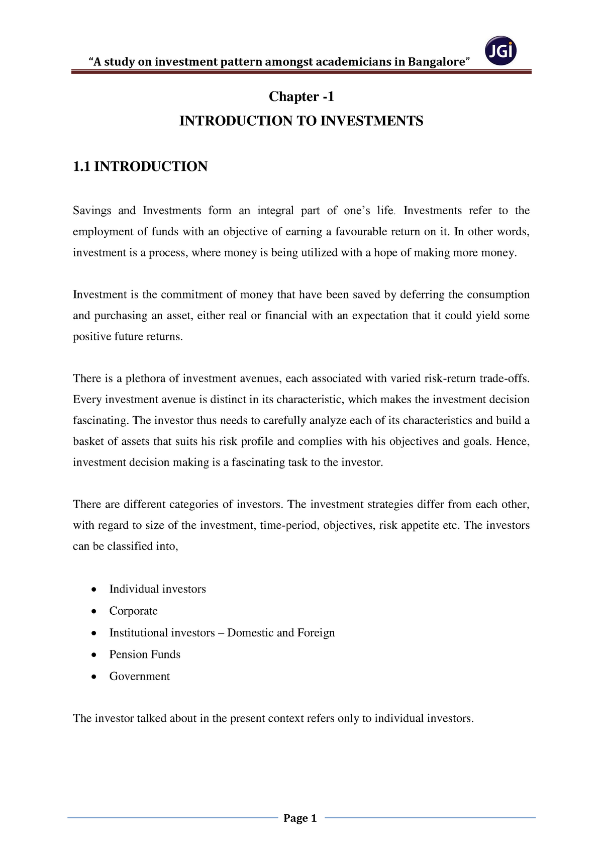 Chapter 1 Introduction To Investments - “A Study On Investment Pattern ...