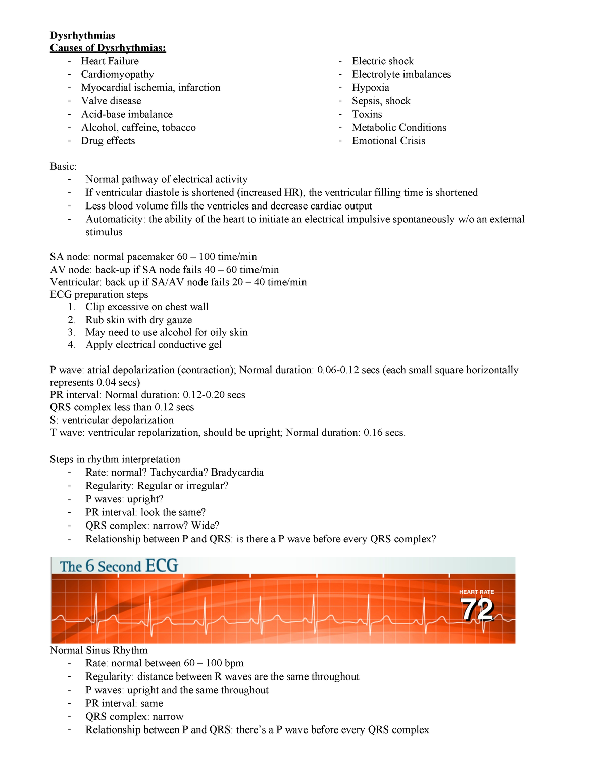 Dysrhythmias - notes - Dysrhythmias Causes of Dysrhythmias: Heart ...