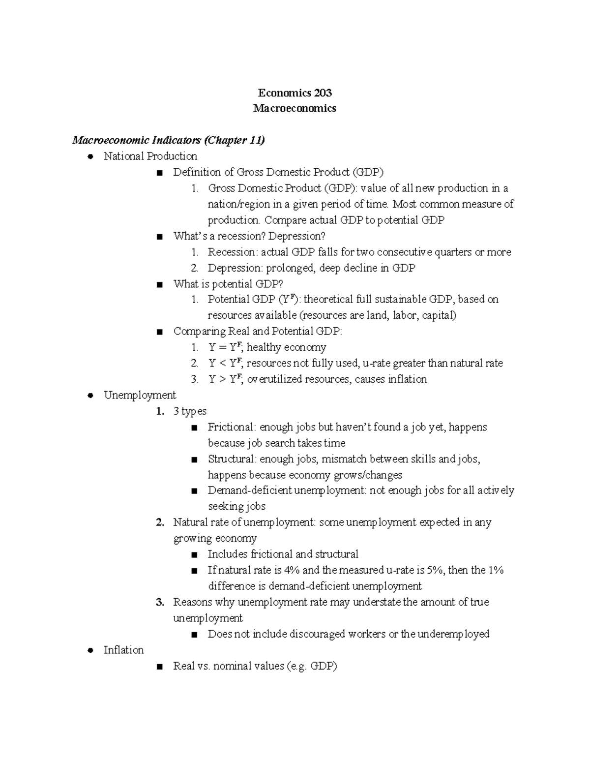 Quiz - Macro Study Guide - Economics 203 Macroeconomics Macroeconomic ...