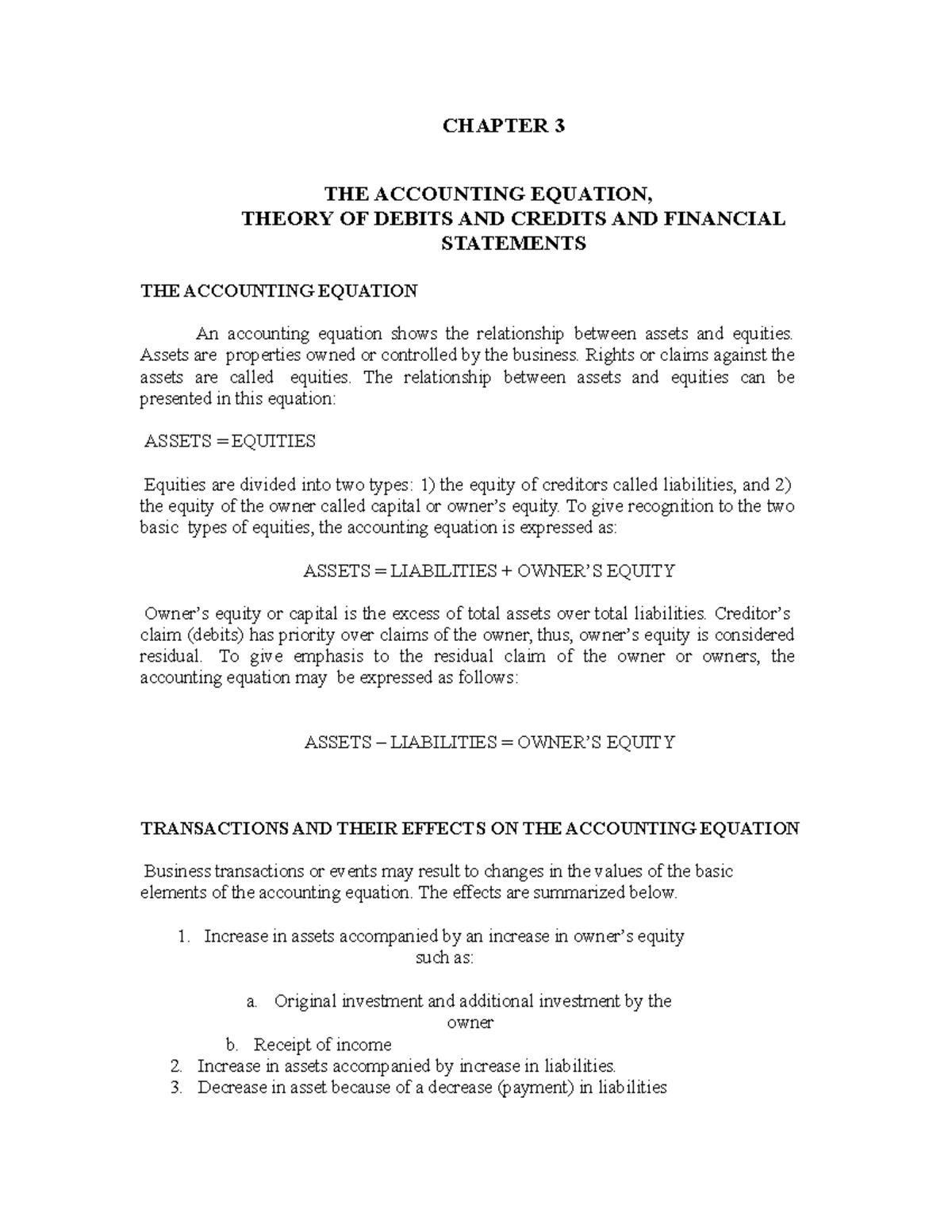 Chapter 3 - NONE - CHAPTER 3 THE ACCOUNTING EQUATION, THEORY OF DEBITS ...